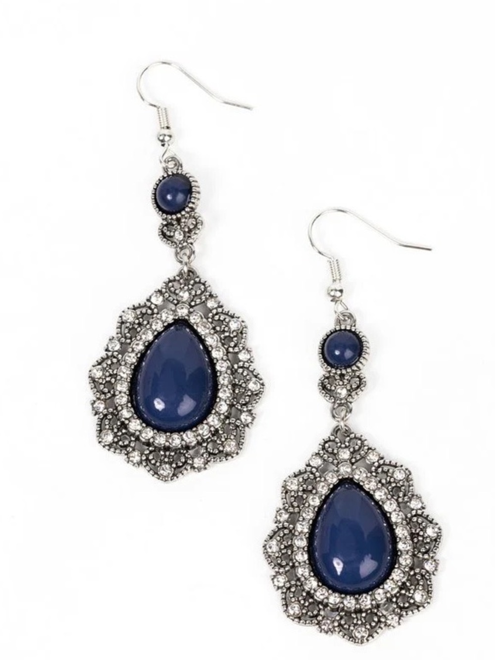 Elegant Navy Teardrop Dangle Earrings - Silver Tone